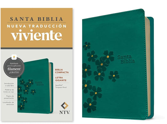 Biblia compacta NTV, letra gigante con Filament (SentiPiel, Turquesa floral, Letra Roja) (Spanish Edition) cover image