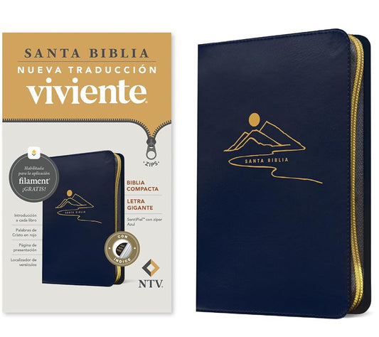 Biblia compacta NTV, letra gigante de zíper con Filament (SentiPiel, Azul, Índice, Letra Roja) (Spanish Edition) cover image