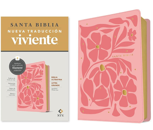 Biblia ultrafina NTV, letra grande con Filament (SentiPiel, Flores rosa, Letra Roja) (Spanish Edition) cover image