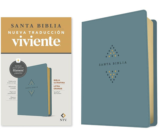 Biblia ultrafina NTV, letra grande con Filament (SentiPiel, Azul sereno, Letra Roja) (Spanish Edition) cover image