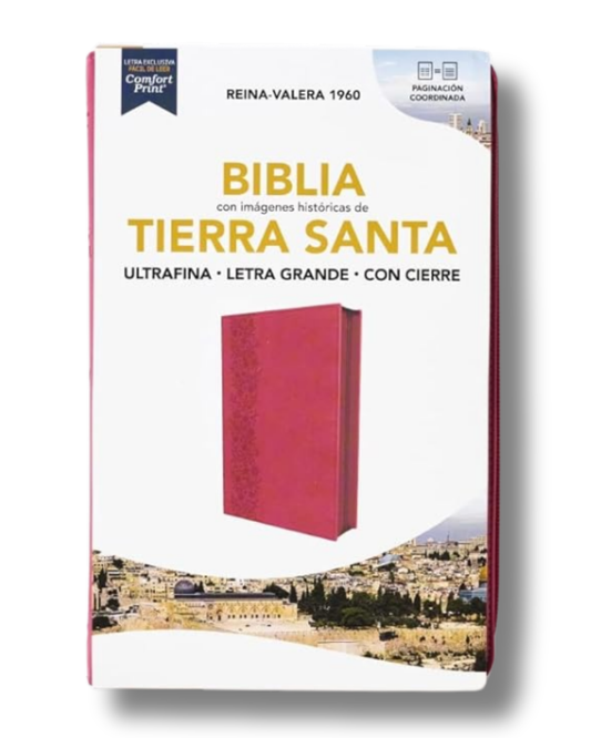 Biblia Tierra Santa | (RVR1960) Ultrafina, Letra grande, Piel, Color Fucsia con cierre