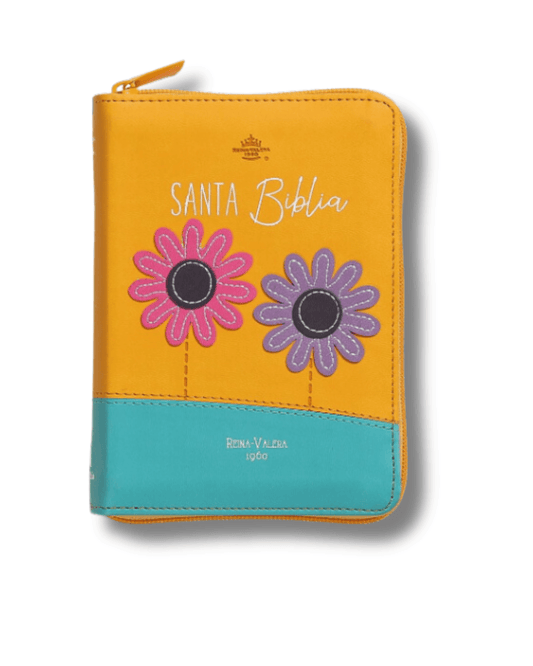 Biblia de Bolsillo | RVR60 (Imitación piel, Color Amarillo/Turquesa, Flores, con cierre)