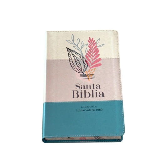 Biblia RVR60 - Letra Grande 12 | Blanco/gris/turquesa con hojas