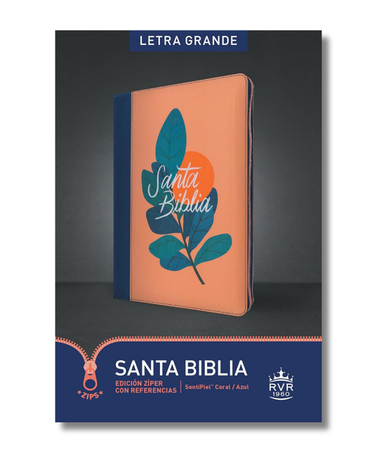 Santa Biblia | (RVR1960), Edición con zíper, referencias, letra grande, SentiPiel, Coral/Azul