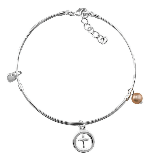 Pulsera Plateada | Cruz, Corazón, Perla bronceada