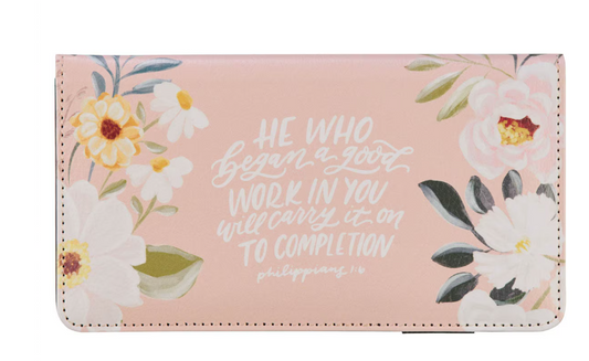 A Good Work Peach Floral Faux Leather Checkbook Wallet - Philippians 1:6