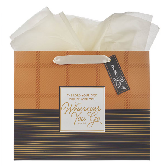 Wherever You Go Brown Striped Plaid Large Landscape Gift Bag - Joshua 1:9