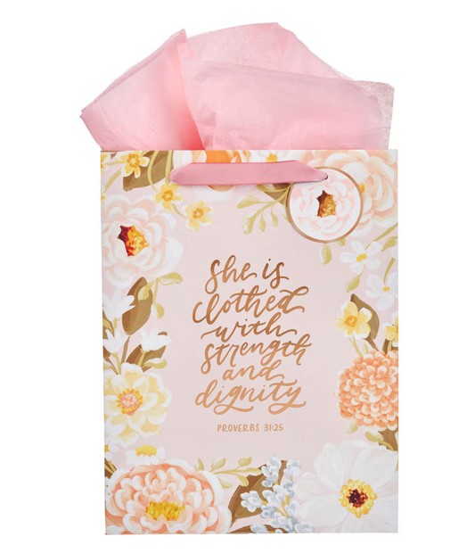 Strength and Dignity Pink Floral Large Portrait Gift Bag - Proverbs 31:25
