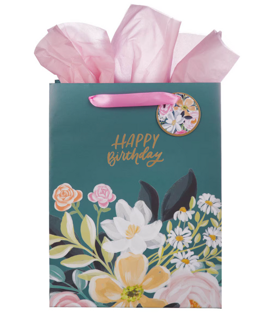 Happy Birthday Teal Floral Large Portrait Gift Bag
