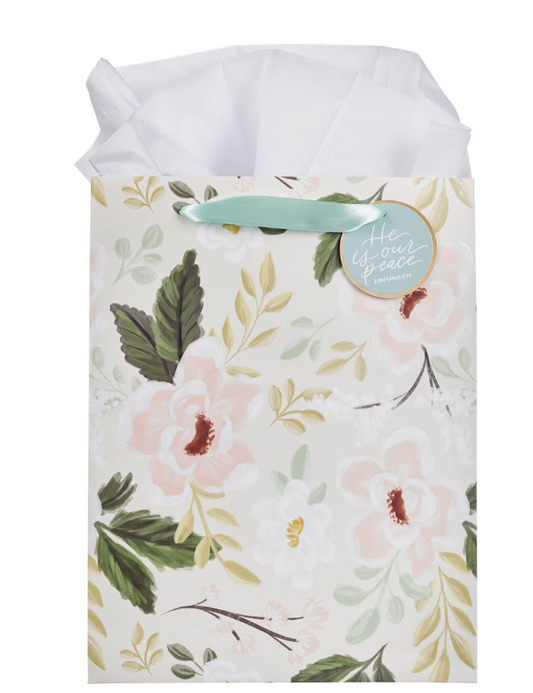 He is Our Peace Green Floral Large Portrait Gift Bag - Ephesians 2:14