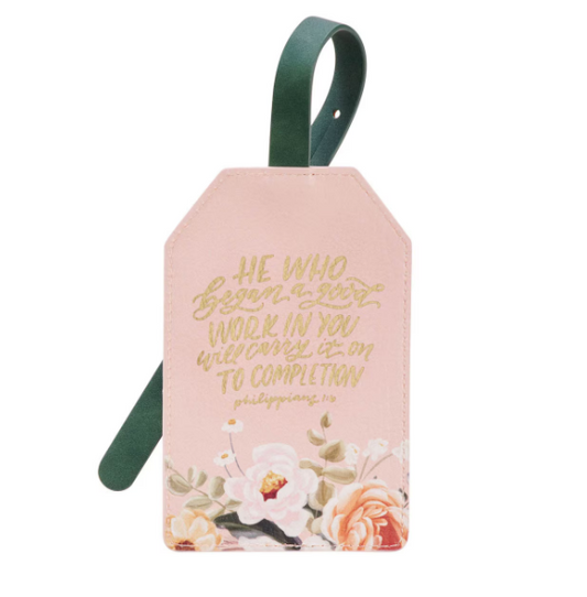 He Who Began a Good Work Pink Floral Faux Leather Luggage Tag - Philippians 1:6