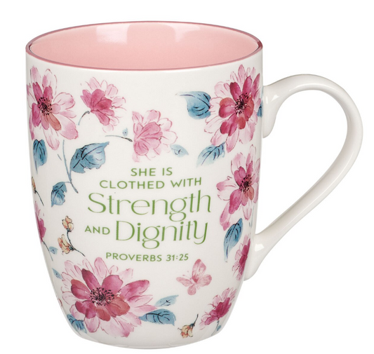 Strength and Dignity Pink Floral Ceramic Coffee Mug - Proverbs 31:25