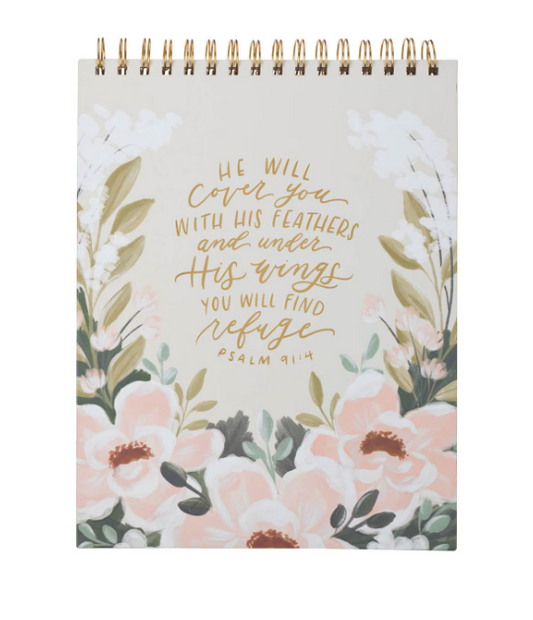 Under His Wings Green Floral Spiral Notepad - Psalm 91:4