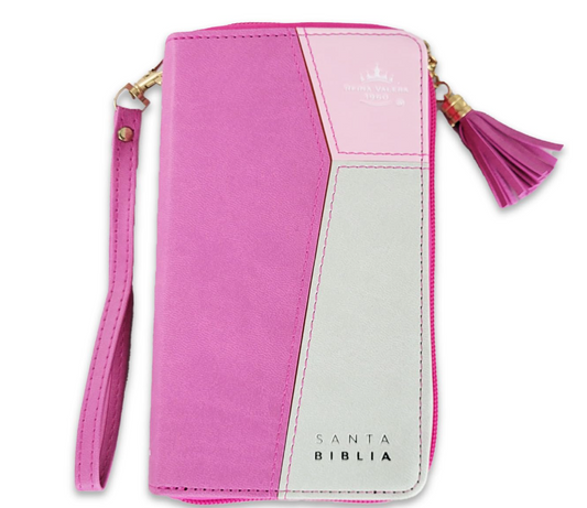 Biblia Chequera para Mujeres RV1960 con indice rosada/fucsia pequeña con lazo y agarradera de mano