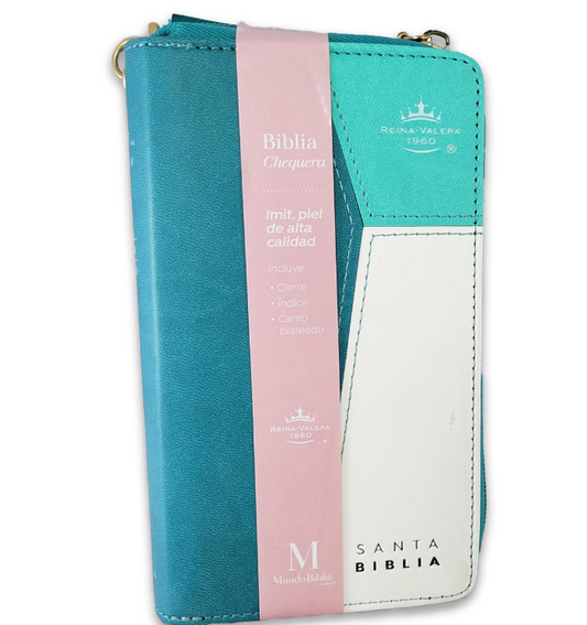 Biblia Chequera para Mujeres RV1960 con indice turquesa pequeña con lazo y agarradera de mano