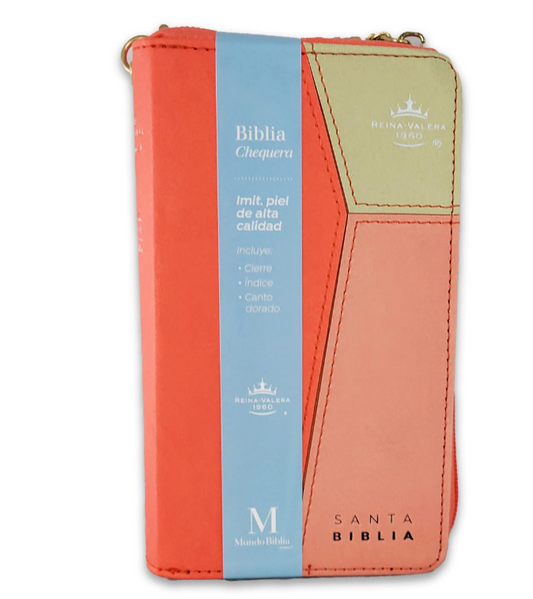 Biblia Chequera para Mujeres RV1960 con indice coral pequeña con lazo y agarradera de mano
