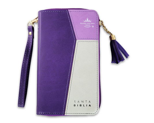 Biblia Chequera para Mujeres RV1960 con indice lila/gris pequeña con lazo y agarradera de mano
