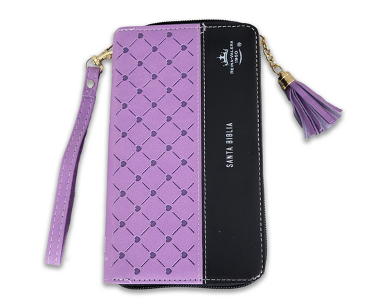 Biblia Chequera para Mujeres RV1960 morada y negro pequeña con lazo y agarradera de mano