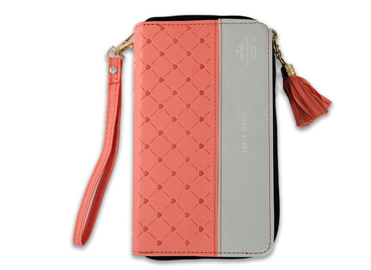 Biblia Chequera para Mujeres RV1960 coral y gris pequeña con lazo y agarradera de mano