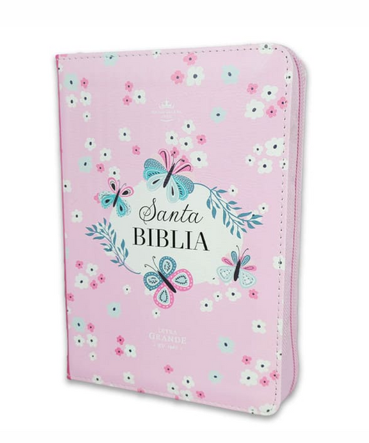 RVR60 Biblia Tamaño Portatil Letra Grande con Cierre Imitación Piel - Mariposas y Flores Rosas