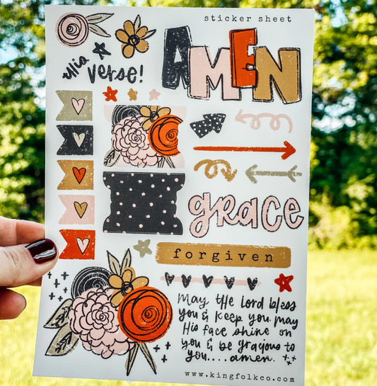 Midnight Mercies Amen Floral Sticker Sheet|Hoja de pegatinas florales de Midnight Mercies