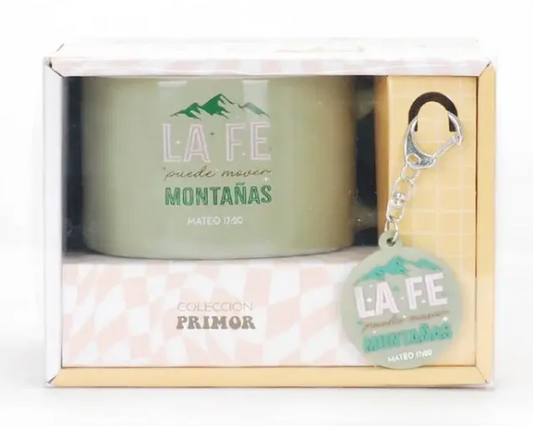 Pack Taza 12 OZ+ llavero de caucho. Colección primor. La fe