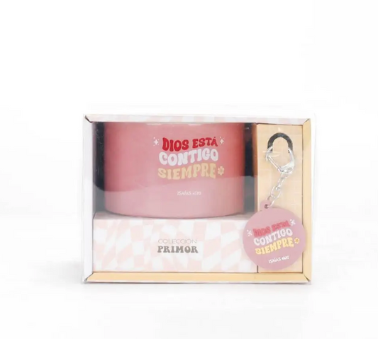 Pack Taza 12 OZ+ llavero de caucho. Colección primor. Dios está contigo siempre