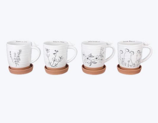 Taza de maceta de gres con bandeja de fondo para posavasos