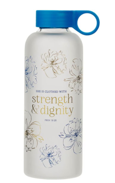Botella de agua de vidrio con diseño floral azul "Fuerza y dignidad" - Proverbios 31:25