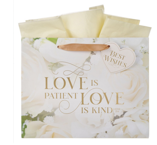 Bolsa de regalo grande con diseño de rosas blancas y paisaje - 1 Corintios 13:4 | Love
