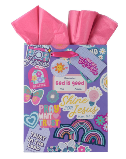 Bolsa de regalo mediana con calcomanía morada "Brilla por Jesús" - | Shine for Jesus