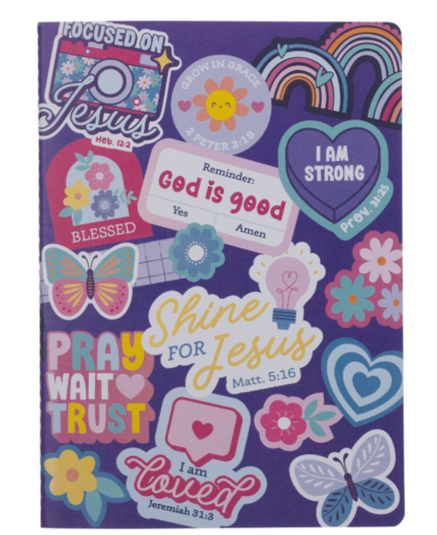 Cuaderno de pegatinas moradas "Brilla por Jesús" - Mateo 5:16 | Shine for Jesus