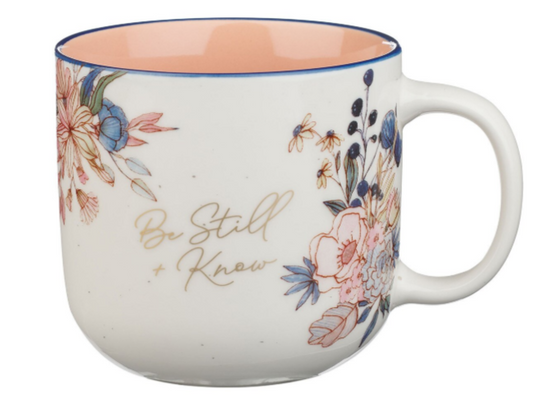 Taza de cerámica "Quédate quieto y conoce la flor del durazno" - Salmo 46:10 | Be Still and Know