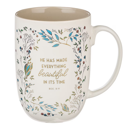 Everything Beautiful Cream Floral Ceramic Coffee Mug - Ecclesiastes 3:11 | Todo lo hermoso Taza de café de cerámica con flores - Eclesiastés 3:11