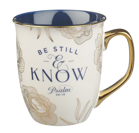 Taza de cerámica con flores azules y doradas Be Still and Know |'Estate quieto y conoce' - Salmo