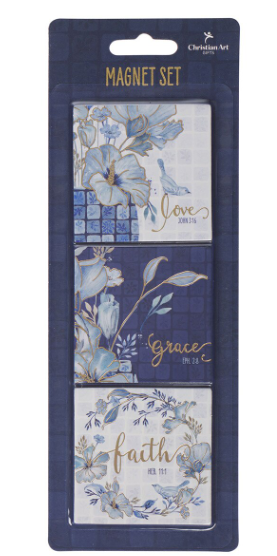 Juego de magnetos Love, Grace, Faith Blue Floral | Amor, Gracia, Fe Floral Azul