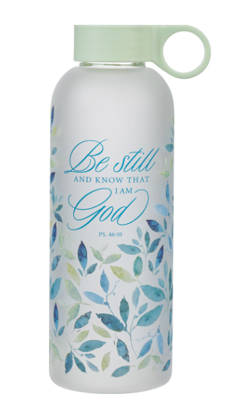 Botella de cristal Be Still Minty Leaf Psalm 46:10 | Estad quietos, hoja de menta Salmo 46:10