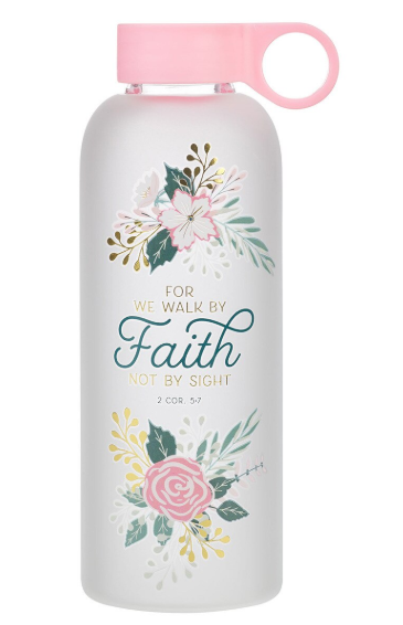Botella de cristal Walk by Faith Peach Floral 2 Corinthians 5:7 | Camina por fe Melocotón Floral 2 Corintios 5:7