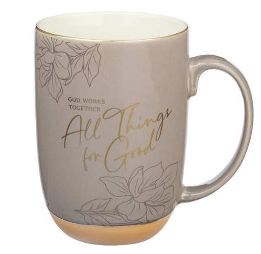 Taza de cerámica con base de barro expuesta All Things for Good Taupe Romans 8:28 | Todo obra para bien