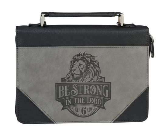 Cubierta para BIblia Be Strong in the Lord"se fuerte en el Señor" Black and Gray Lion Faux Leather Classic Bible Cover - Ephesians 6:10