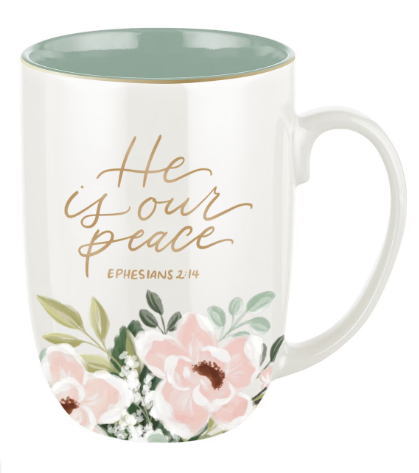 He Is Our Peace Green Floral Ceramic Coffee Mug – Ephesians 2:14 "El es nuestra paz"