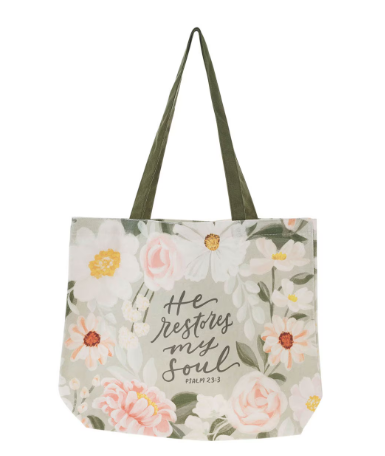 He Restores My Soul Green Floral Garden Tote Bag - Psalm 23:3"Él restaura mi alma"