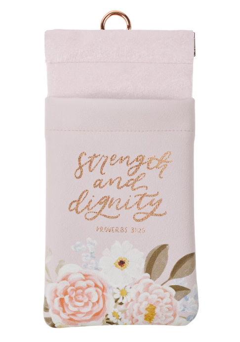 Strength and Dignity Pink Floral Faux Leather Double Eyeglass Case - Proverbs 31:25