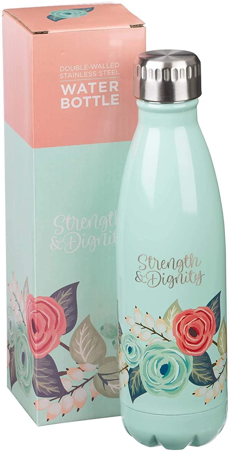 Strength & Dignity Mint Floral Stainless Steel Water Bottle - Proverbs 31:25 - Pura Vida Books