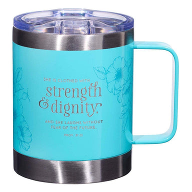 Strength & Dignity Teal Camp Style Stainless Steel Mug - Proverbs 31:25 - Pura Vida Books