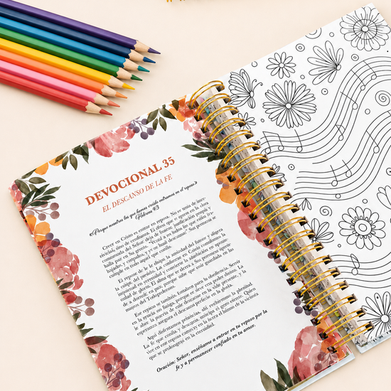 Páginas del devocional 35 con marco floral e ilustración para colorear, junto a lápices