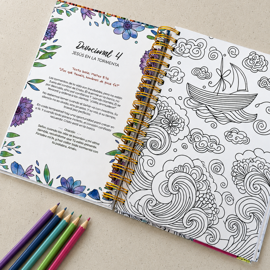 Páginas del devocional 4 con ilustración de olas para colorear y lápices de colores
