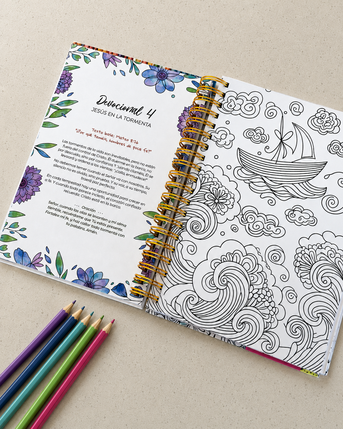 Páginas del devocional 4 con ilustración de olas para colorear y lápices de colores