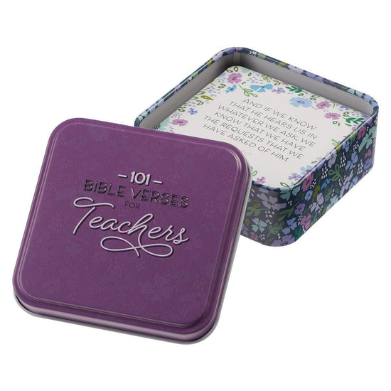 101 Bible Verses For Teachers Purple Scripture Cards in a Tin - Pura Vida Books