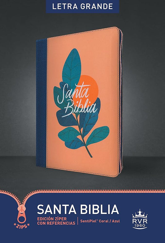 Santa Biblia RVR60, Edición zíper con referencias, letra grande (SentiPiel, Coral/Azul, Índice, Letra Roja) (Spanish Edition) cover image